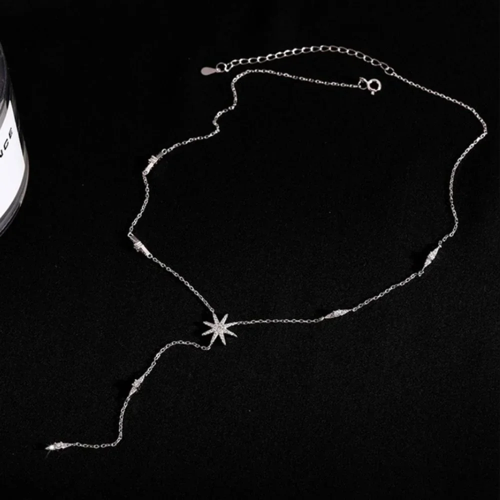 925 Sterling Silver Diamond Star Dangle Drop Lariat Dainty Minimalist Necklace - Picture 3 of 8